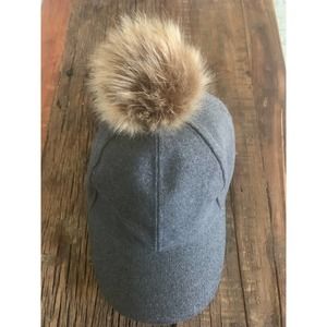 Knit Baseball Cap Hat Faux Fur Pom Gray Adjustable Rampage